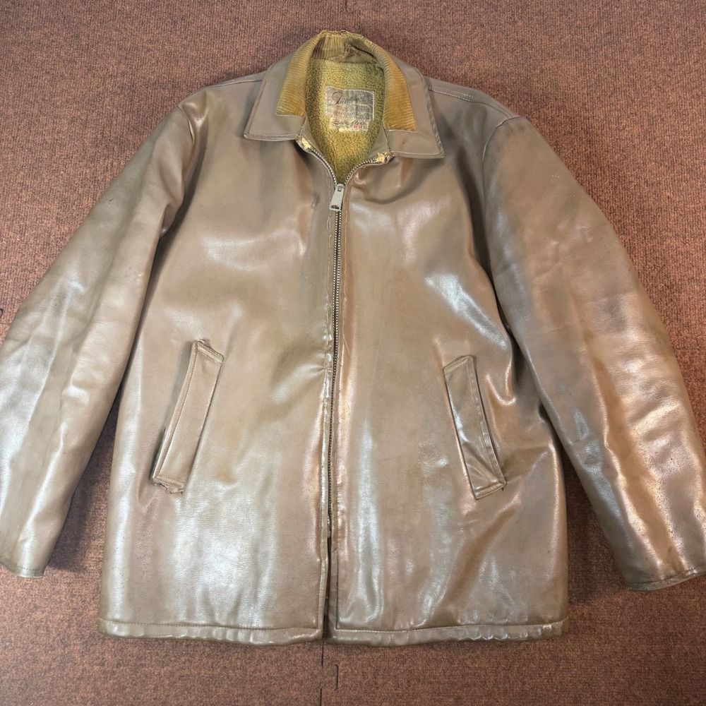 Vintage Fieldmaster Sears Boltaflex Vinyl Jacket Mens Brown Faux Fur Lined 60s